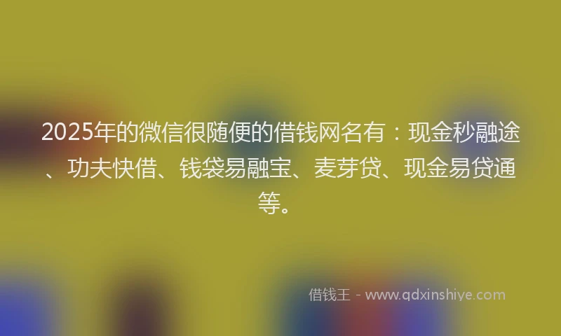 2025年的微信很随便的借钱网名有：现金秒融途、功夫快借、钱袋易融宝、麦芽贷、现金易贷通等。