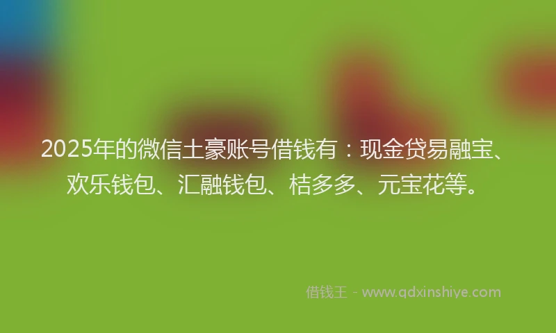 2025年的微信土豪账号借钱有：现金贷易融宝、欢乐钱包、汇融钱包、桔多多、元宝花等。
