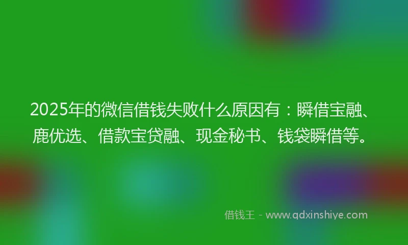 2025年的微信借钱失败什么原因有：瞬借宝融、鹿优选、借款宝贷融、现金秘书、钱袋瞬借等。
