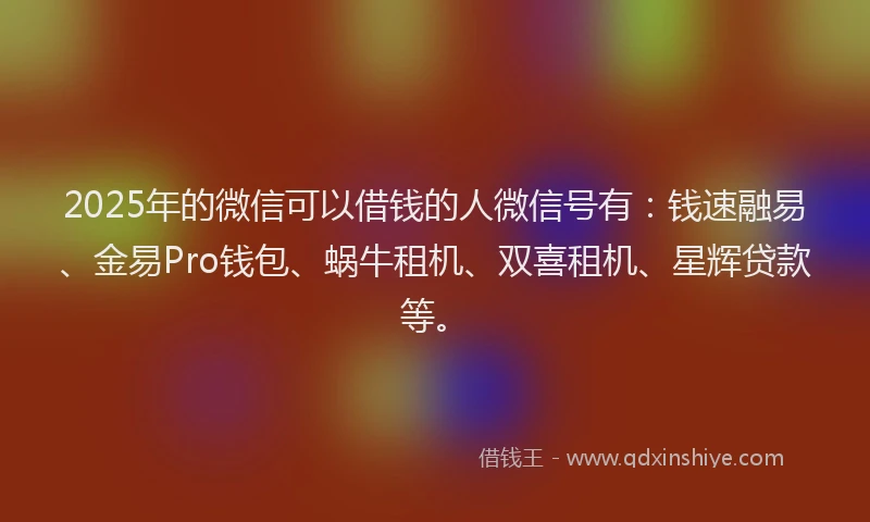 2025年的微信可以借钱的人微信号有：钱速融易、金易Pro钱包、蜗牛租机、双喜租机、星辉贷款等。