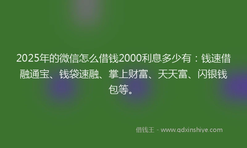2025年的微信怎么借钱2000利息多少有：钱速借融通宝、钱袋速融、掌上财富、天天富、闪银钱包等。