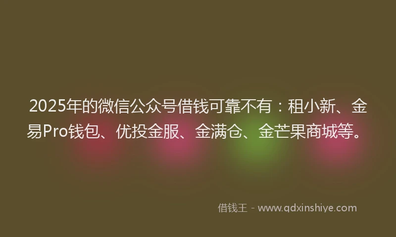 2025年的微信公众号借钱可靠不有：租小新、金易Pro钱包、优投金服、金满仓、金芒果商城等。