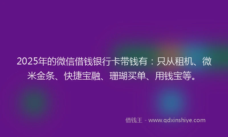 2025年的微信借钱银行卡带钱有：只从租机、微米金条、快捷宝融、珊瑚买单、用钱宝等。