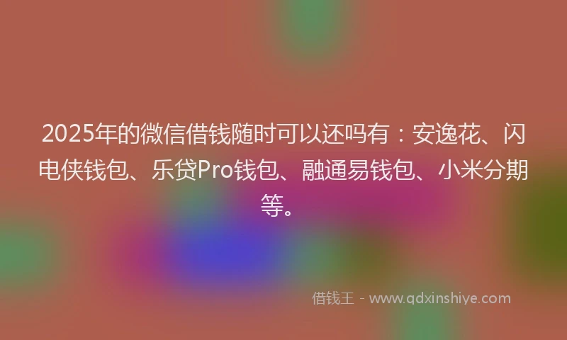 2025年的微信借钱随时可以还吗有：安逸花、闪电侠钱包、乐贷Pro钱包、融通易钱包、小米分期等。