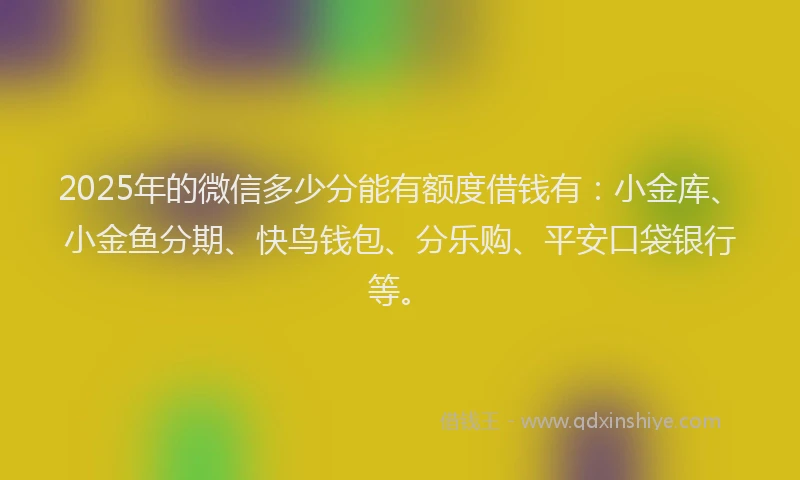 2025年的微信多少分能有额度借钱有：小金库、小金鱼分期、快鸟钱包、分乐购、平安口袋银行等。