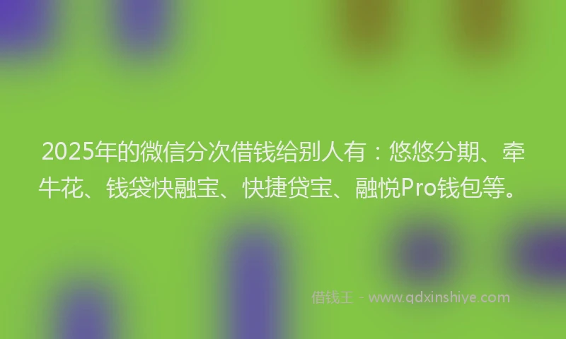 2025年的微信分次借钱给别人有：悠悠分期、牵牛花、钱袋快融宝、快捷贷宝、融悦Pro钱包等。