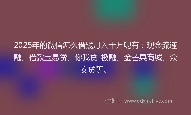 2025年的微信怎么借钱月入十万呢有：现金流速融、借款宝易贷、你我贷-极融、金芒果商城、众安贷等。