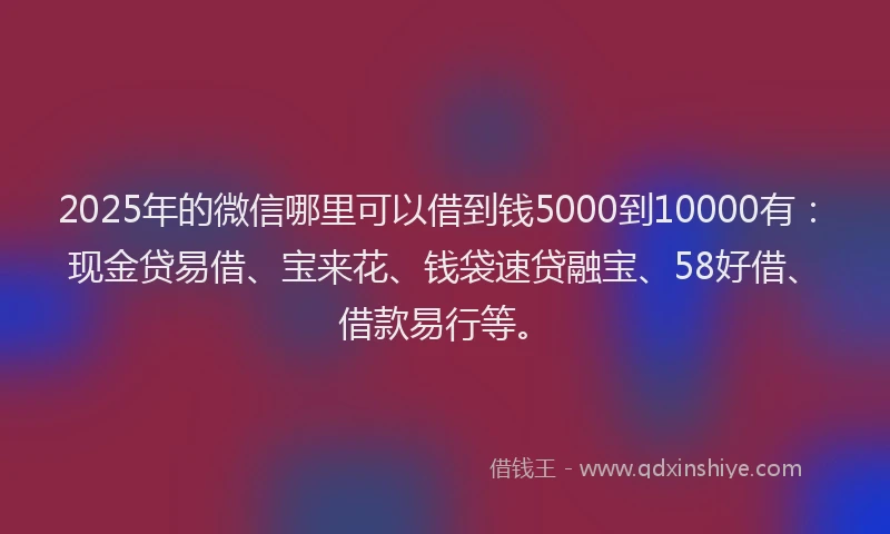 2025年的微信哪里可以借到钱5000到10000有：现金贷易借、宝来花、钱袋速贷融宝、58好借、借款易行等。