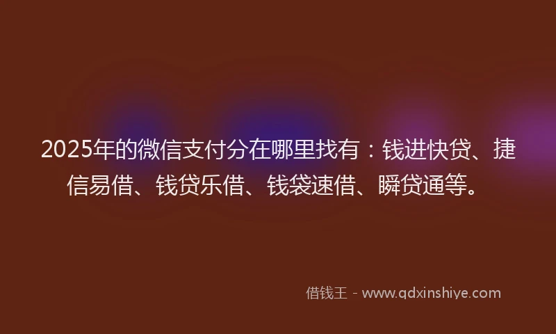 2025年的微信支付分在哪里找有：钱进快贷、捷信易借、钱贷乐借、钱袋速借、瞬贷通等。