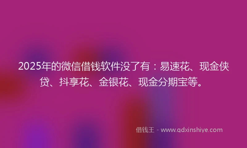 2025年的微信借钱软件没了有：易速花、现金侠贷、抖享花、金银花、现金分期宝等。