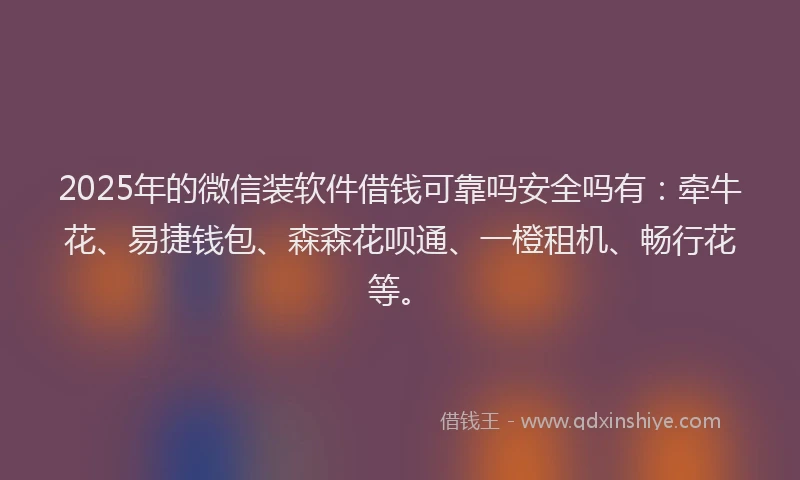 2025年的微信装软件借钱可靠吗安全吗有：牵牛花、易捷钱包、森森花呗通、一橙租机、畅行花等。