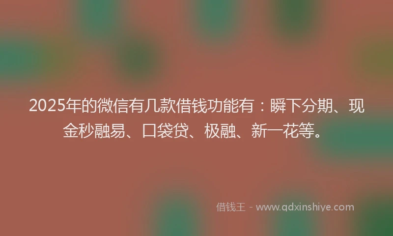 2025年的微信有几款借钱功能有：瞬下分期、现金秒融易、口袋贷、极融、新一花等。