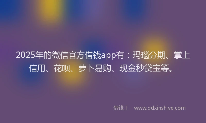 2025年的微信官方借钱app有：玛瑙分期、掌上信用、花呗、萝卜易购、现金秒贷宝等。