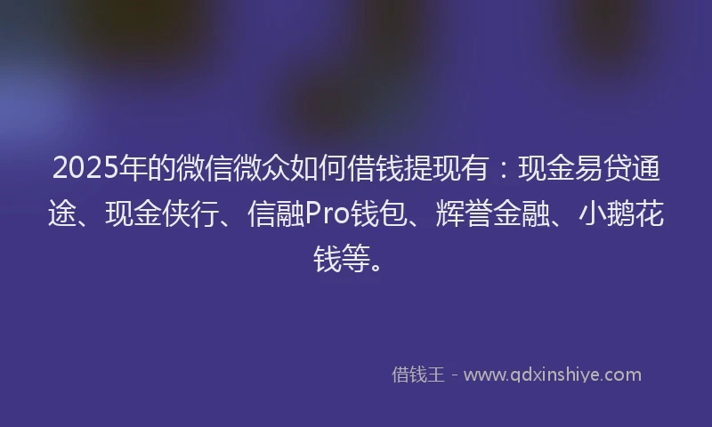2025年的微信微众如何借钱提现有：现金易贷通途、现金侠行、信融Pro钱包、辉誉金融、小鹅花钱等。