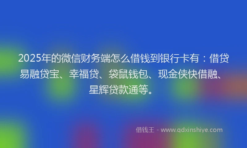 2025年的微信财务端怎么借钱到银行卡有：借贷易融贷宝、幸福贷、袋鼠钱包、现金侠快借融、星辉贷款通等。