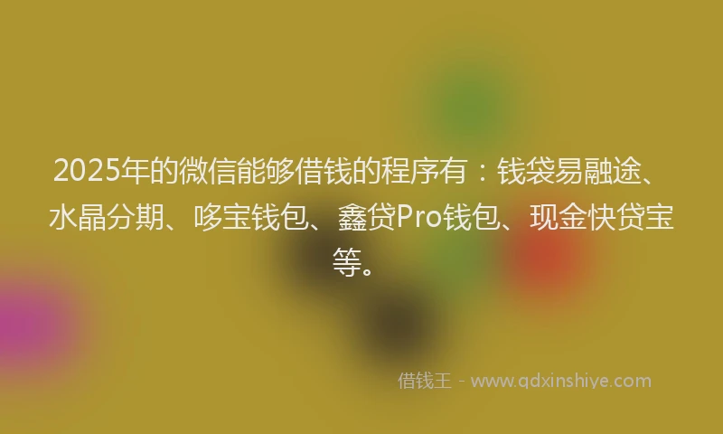 2025年的微信能够借钱的程序有：钱袋易融途、水晶分期、哆宝钱包、鑫贷Pro钱包、现金快贷宝等。
