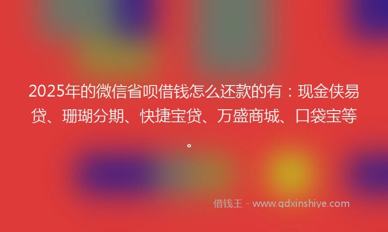 2025年的微信省呗借钱怎么还款的有：现金侠易贷、珊瑚分期、快捷宝贷、万盛商城、口袋宝等。