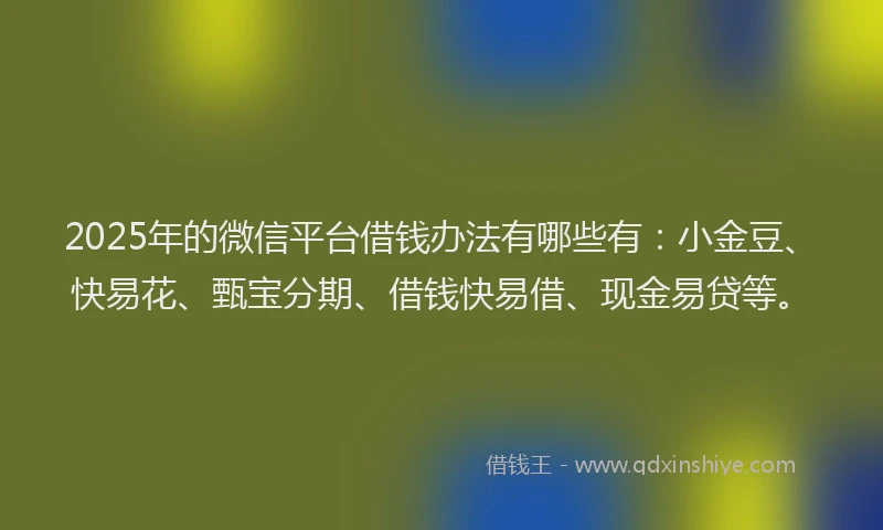2025年的微信平台借钱办法有哪些有：小金豆、快易花、甄宝分期、借钱快易借、现金易贷等。