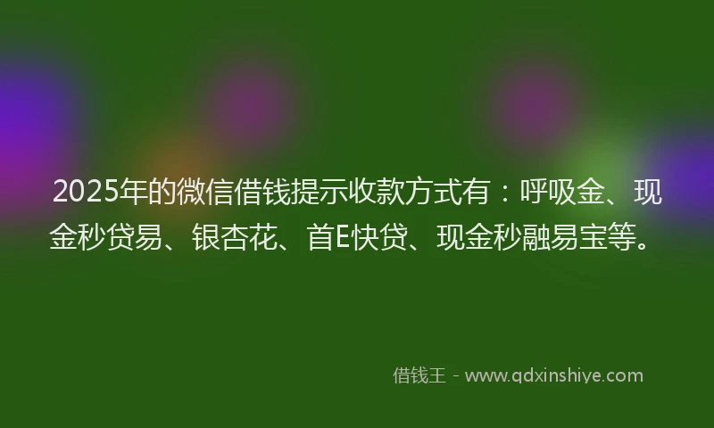2025年的微信借钱提示收款方式有：呼吸金、现金秒贷易、银杏花、首E快贷、现金秒融易宝等。