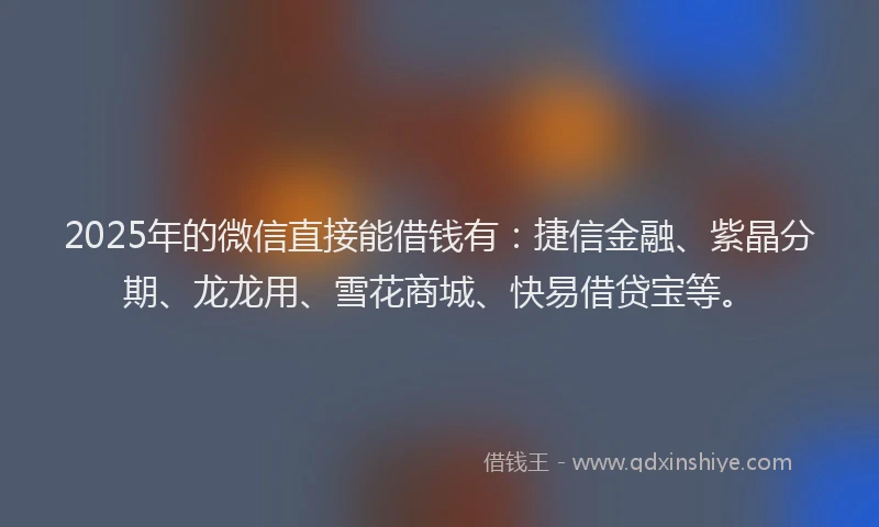 2025年的微信直接能借钱有：捷信金融、紫晶分期、龙龙用、雪花商城、快易借贷宝等。