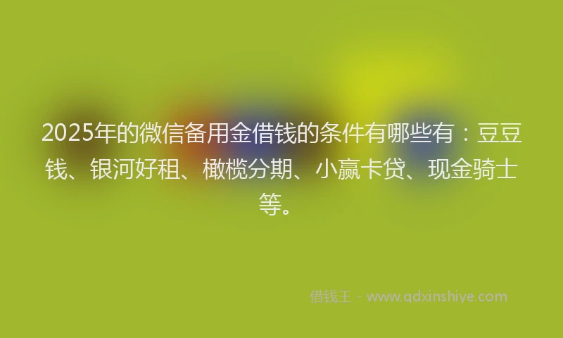 2025年的微信备用金借钱的条件有哪些有：豆豆钱、银河好租、橄榄分期、小赢卡贷、现金骑士等。