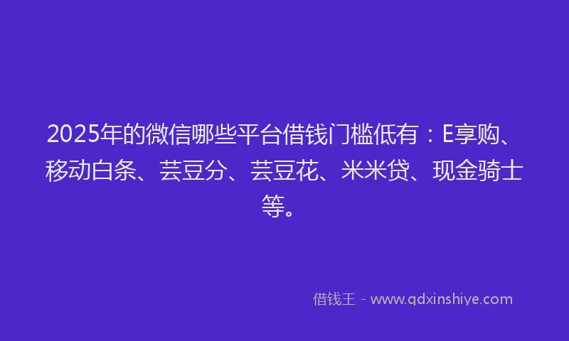 2025年的微信哪些平台借钱门槛低有：E享购、移动白条、芸豆分、芸豆花、米米贷、现金骑士等。