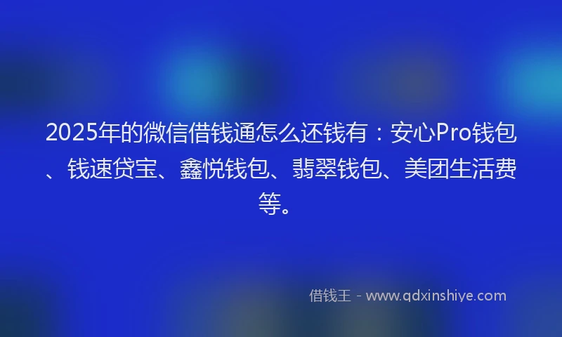 2025年的微信借钱通怎么还钱有：安心Pro钱包、钱速贷宝、鑫悦钱包、翡翠钱包、美团生活费等。