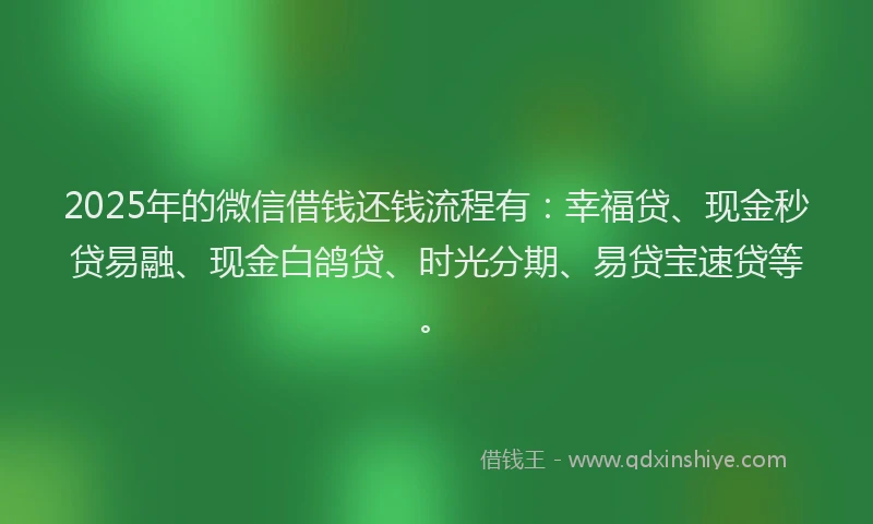 2025年的微信借钱还钱流程有：幸福贷、现金秒贷易融、现金白鸽贷、时光分期、易贷宝速贷等。