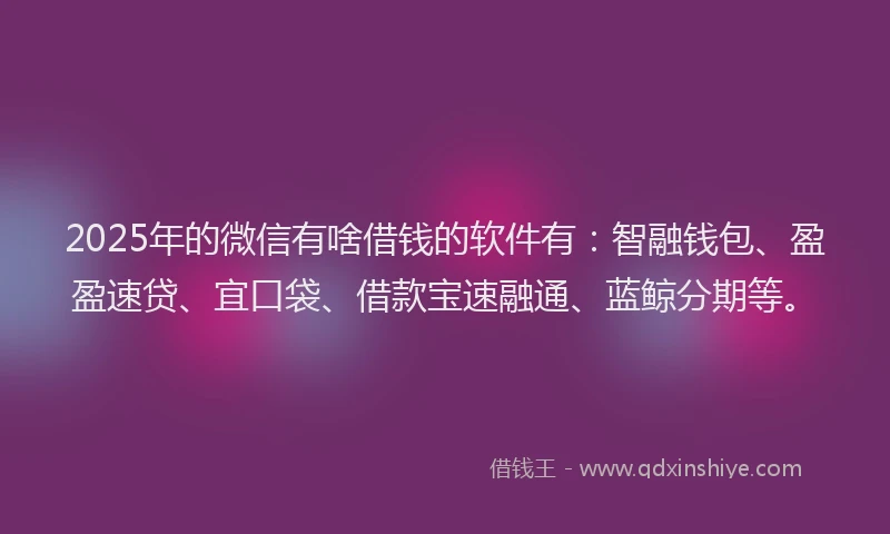 2025年的微信有啥借钱的软件有：智融钱包、盈盈速贷、宜口袋、借款宝速融通、蓝鲸分期等。