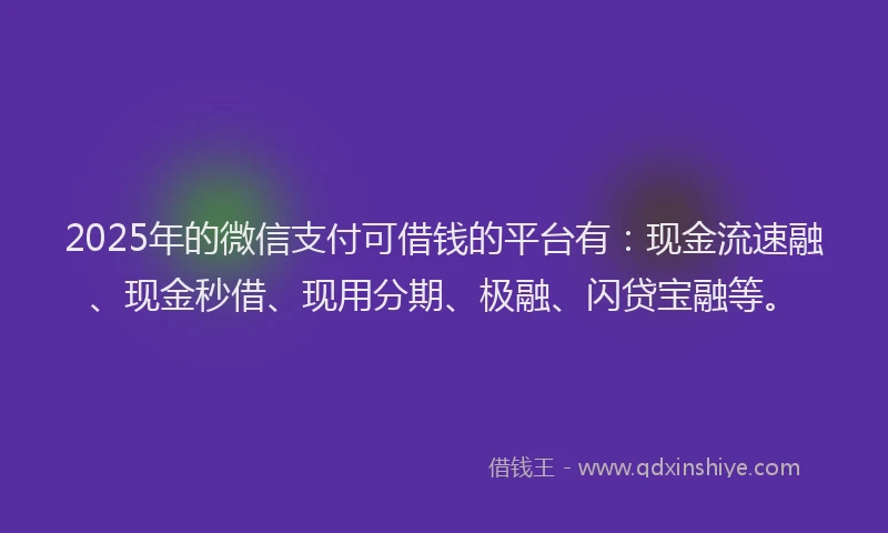2025年的微信支付可借钱的平台有：现金流速融、现金秒借、现用分期、极融、闪贷宝融等。