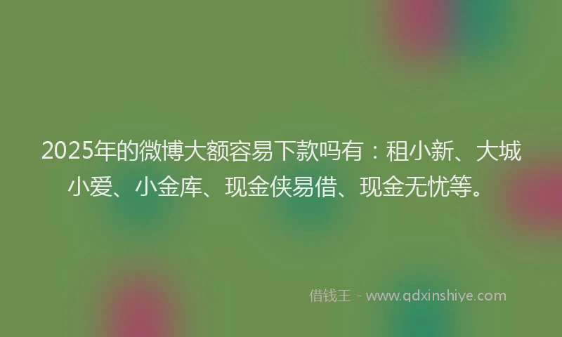2025年的微博大额容易下款吗有：租小新、大城小爱、小金库、现金侠易借、现金无忧等。