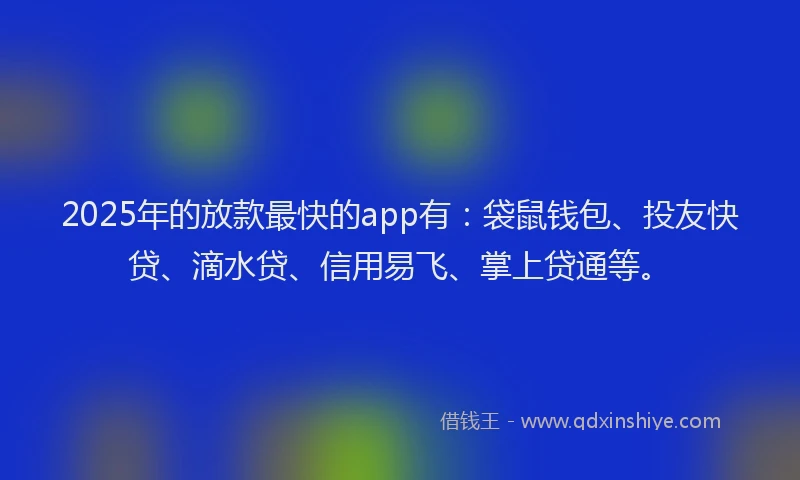 2025年的放款最快的app有：袋鼠钱包、投友快贷、滴水贷、信用易飞、掌上贷通等。