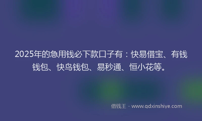 2025年的急用钱必下款口子有：快易借宝、有钱钱包、快鸟钱包、易秒通、恒小花等。
