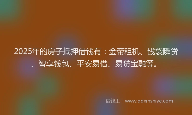 2025年的房子抵押借钱有：金帝租机、钱袋瞬贷、智享钱包、平安易借、易贷宝融等。