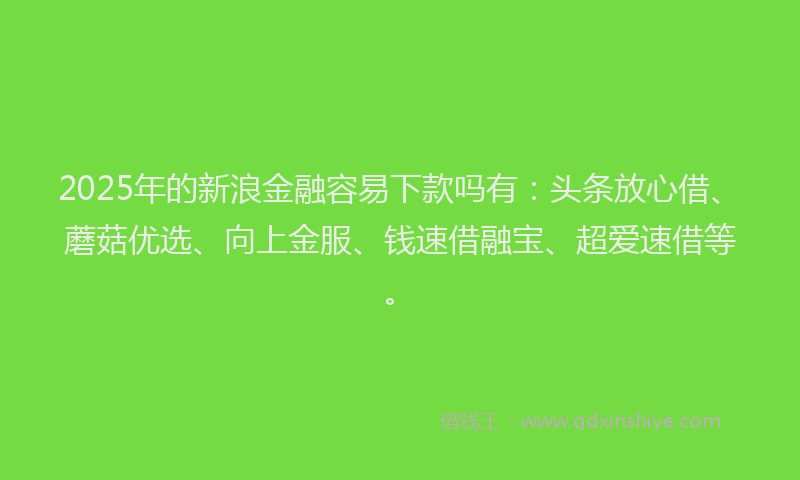 2025年的新浪金融容易下款吗有：头条放心借、蘑菇优选、向上金服、钱速借融宝、超爱速借等。