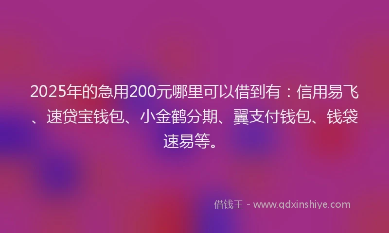 2025年的急用200元哪里可以借到有：信用易飞、速贷宝钱包、小金鹤分期、翼支付钱包、钱袋速易等。