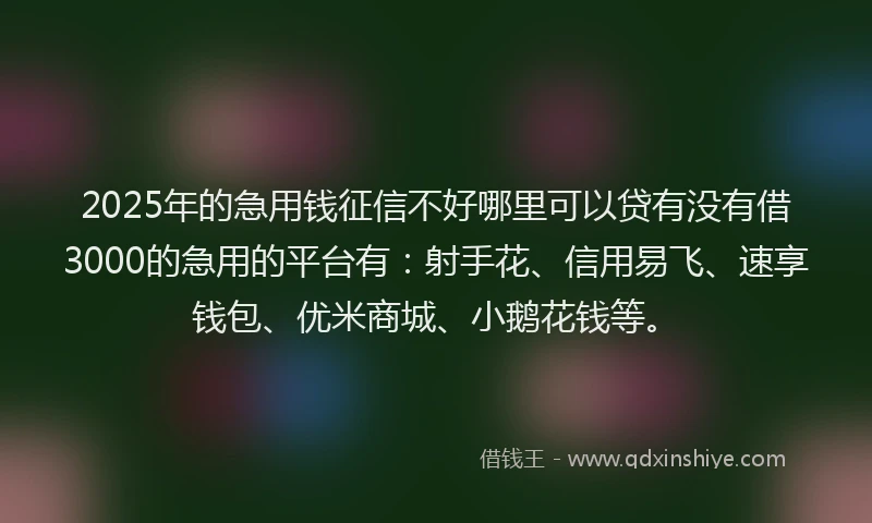 2025年的急用钱征信不好哪里可以贷有没有借3000的急用的平台有：射手花、信用易飞、速享钱包、优米商城、小鹅花钱等。