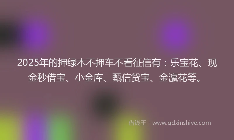 2025年的押绿本不押车不看征信有：乐宝花、现金秒借宝、小金库、甄信贷宝、金瀛花等。