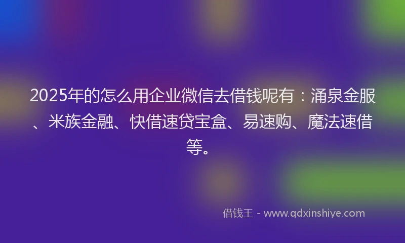 2025年的怎么用企业微信去借钱呢有：涌泉金服、米族金融、快借速贷宝盒、易速购、魔法速借等。