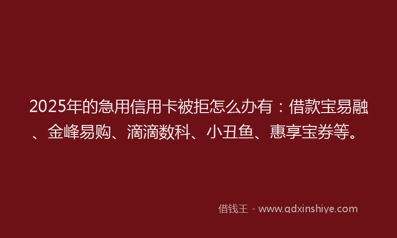 2025年的急用信用卡被拒怎么办有：借款宝易融、金峰易购、滴滴数科、小丑鱼、惠享宝券等。