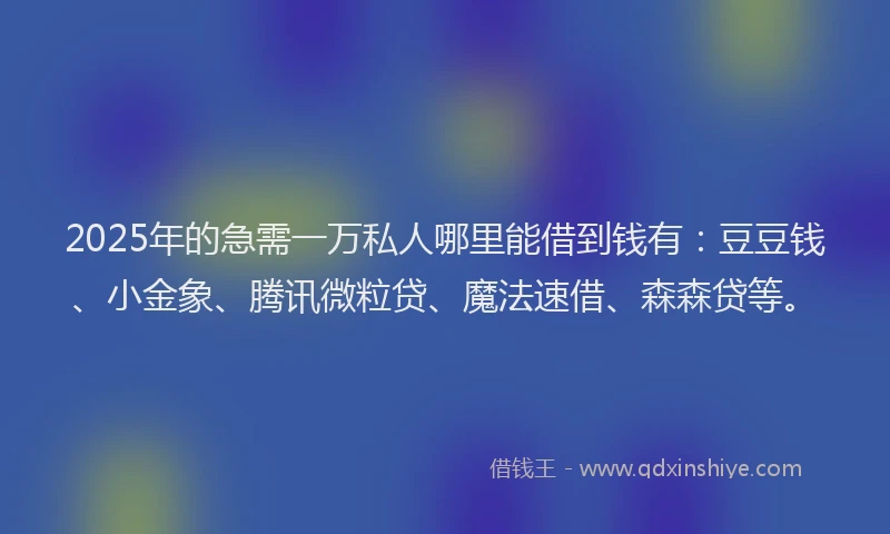 2025年的急需一万私人哪里能借到钱有：豆豆钱、小金象、腾讯微粒贷、魔法速借、森森贷等。