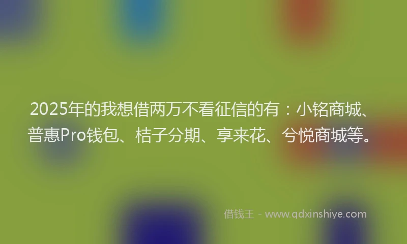 2025年的我想借两万不看征信的有：小铭商城、普惠Pro钱包、桔子分期、享来花、兮悦商城等。