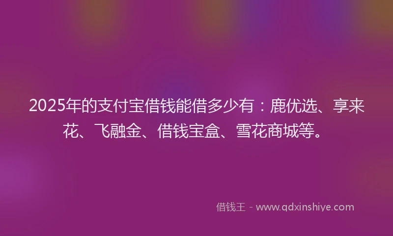 2025年的支付宝借钱能借多少有：鹿优选、享来花、飞融金、借钱宝盒、雪花商城等。