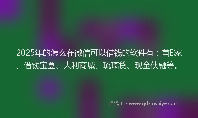 2025年的怎么在微信可以借钱的软件有：首E家、借钱宝盒、大利商城、琉璃贷、现金侠融等。