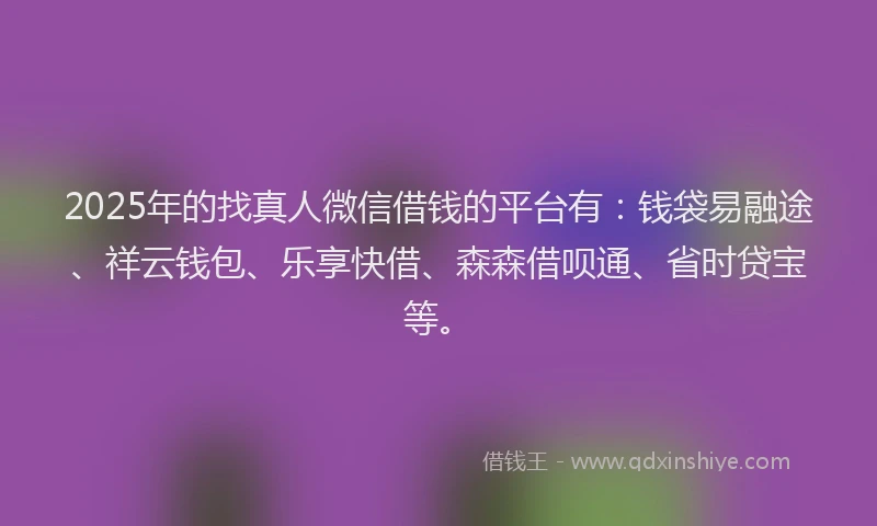 2025年的找真人微信借钱的平台有：钱袋易融途、祥云钱包、乐享快借、森森借呗通、省时贷宝等。