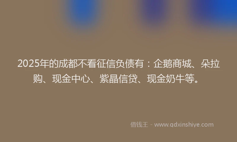 2025年的成都不看征信负债有：企鹅商城、朵拉购、现金中心、紫晶信贷、现金奶牛等。