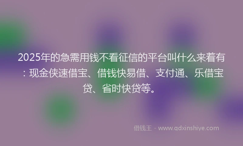 2025年的急需用钱不看征信的平台叫什么来着有：现金侠速借宝、借钱快易借、支付通、乐借宝贷、省时快贷等。
