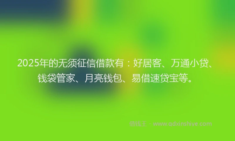 2025年的无须征信借款有：好居客、万通小贷、钱袋管家、月亮钱包、易借速贷宝等。