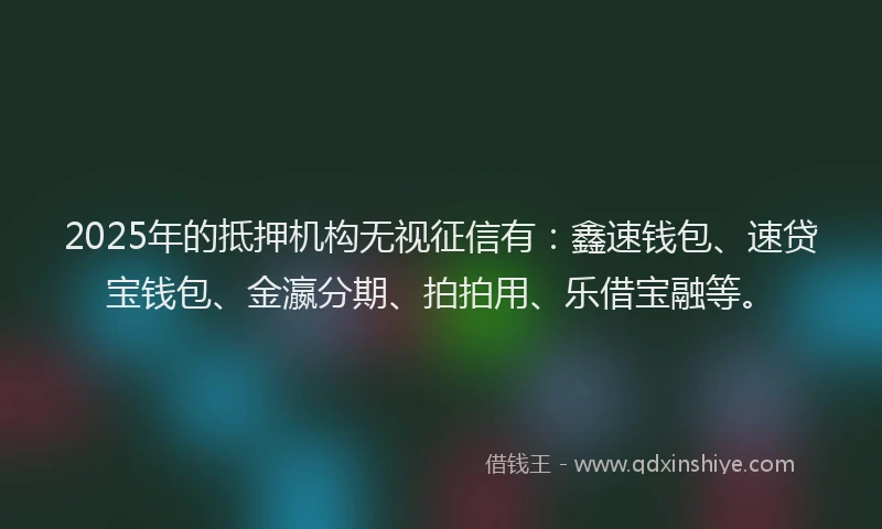 2025年的抵押机构无视征信有：鑫速钱包、速贷宝钱包、金瀛分期、拍拍用、乐借宝融等。