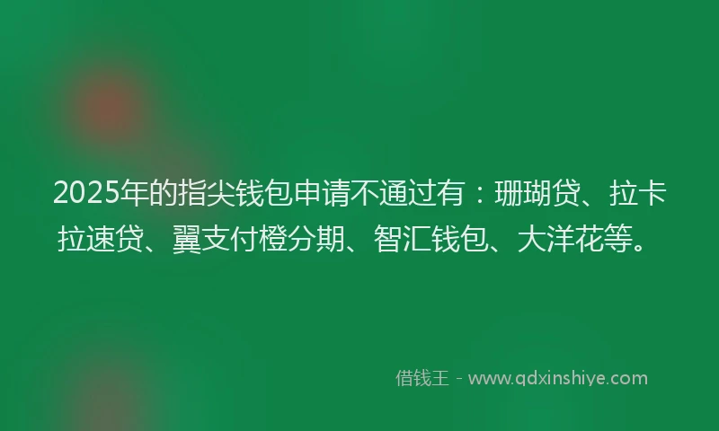 2025年的指尖钱包申请不通过有：珊瑚贷、拉卡拉速贷、翼支付橙分期、智汇钱包、大洋花等。
